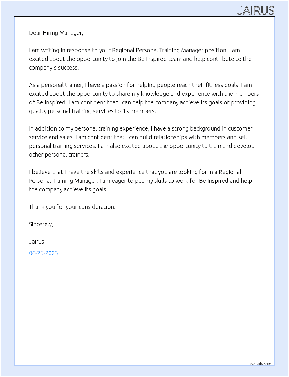 Regional Personal Training Manager At Be Inspired Cover Letter