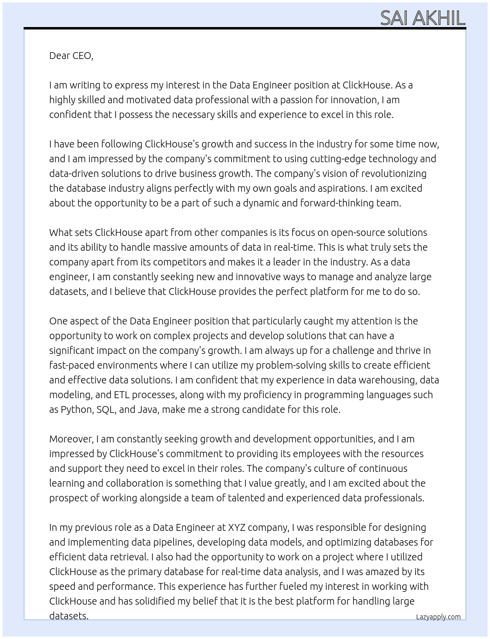 Data Engineer At ClickHouse Cover Letter