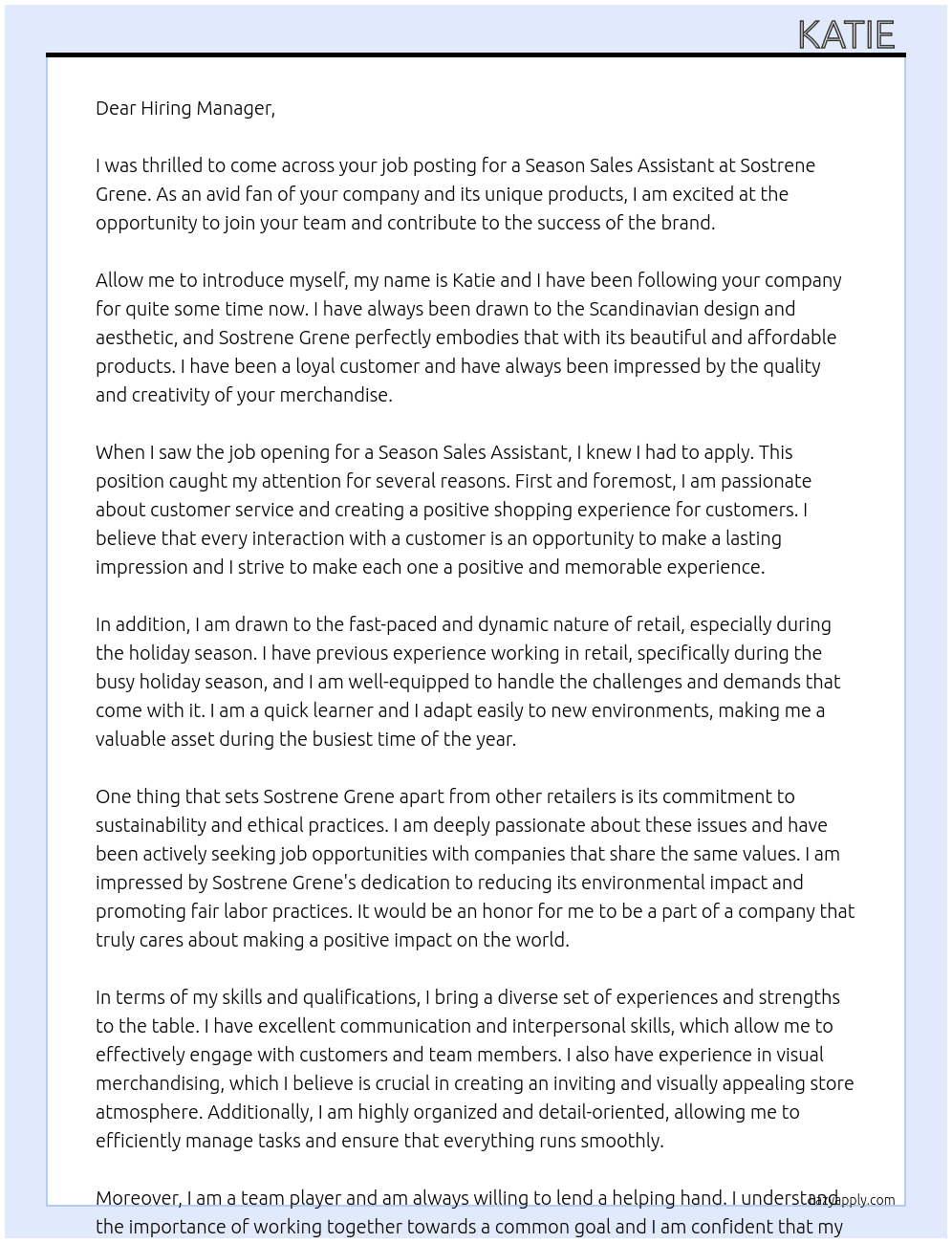 season sales assistant At Sostrene Grene Cover Letter