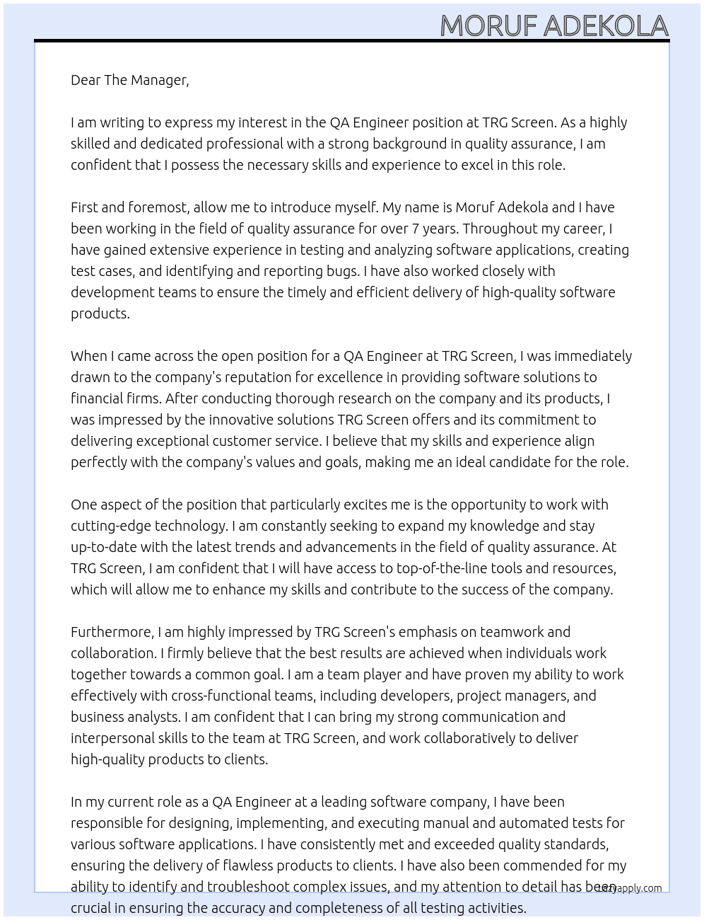 QA Engineer At TRG Screen Cover Letter