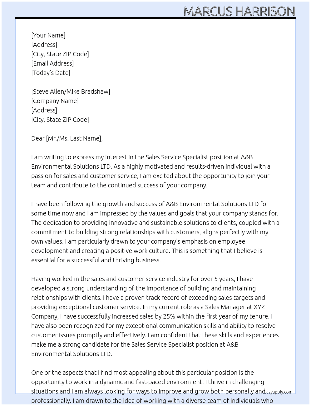 Sales Service specialist At A&B Environmental Solutions LTD Cover Letter