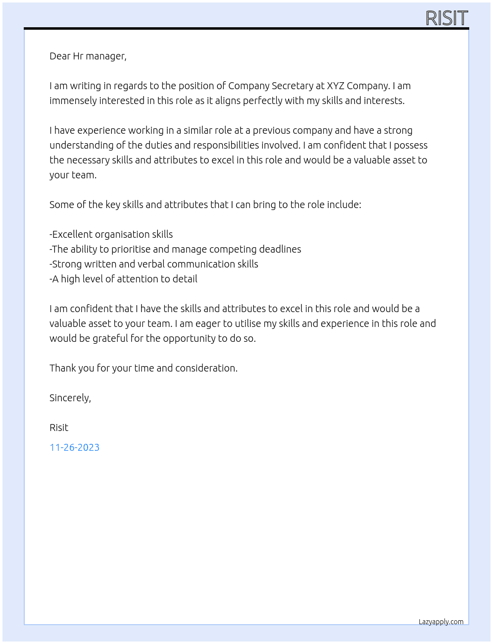 COMPANY SECRETARY  At XYZ COMPANY  Cover Letter