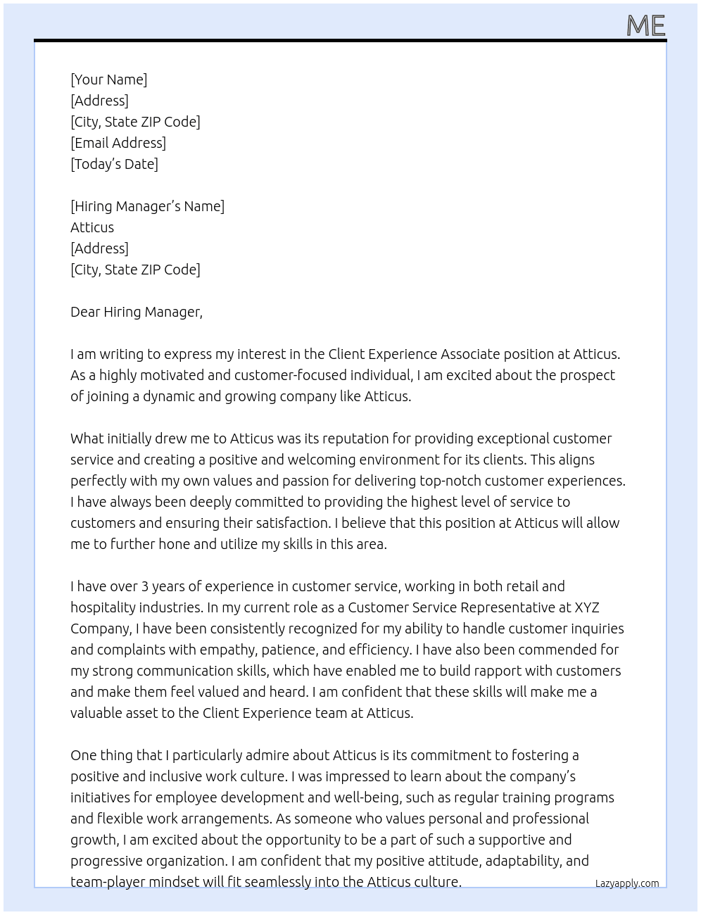 Client Experience Associate At Atticus  Cover Letter