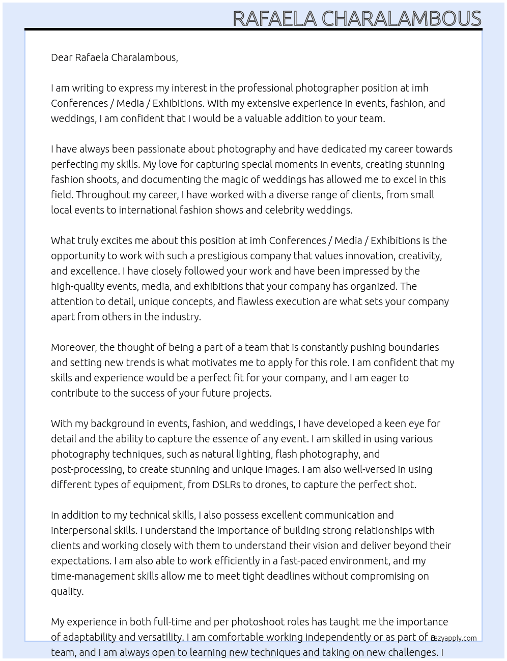 professional photographer At imh Conferences / Media / Exhibitions Cover Letter