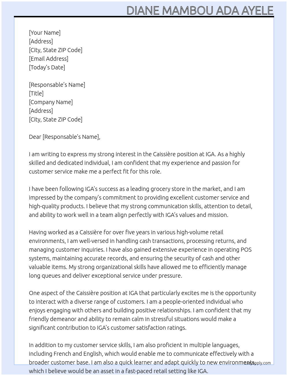 caissière At IGA Cover Letter