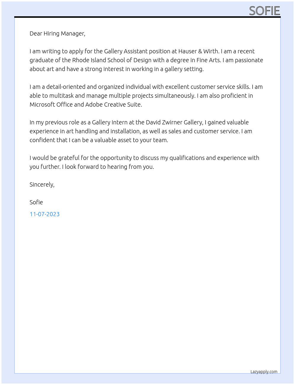 Gallery Assistant At Hauser & Wirth Cover Letter