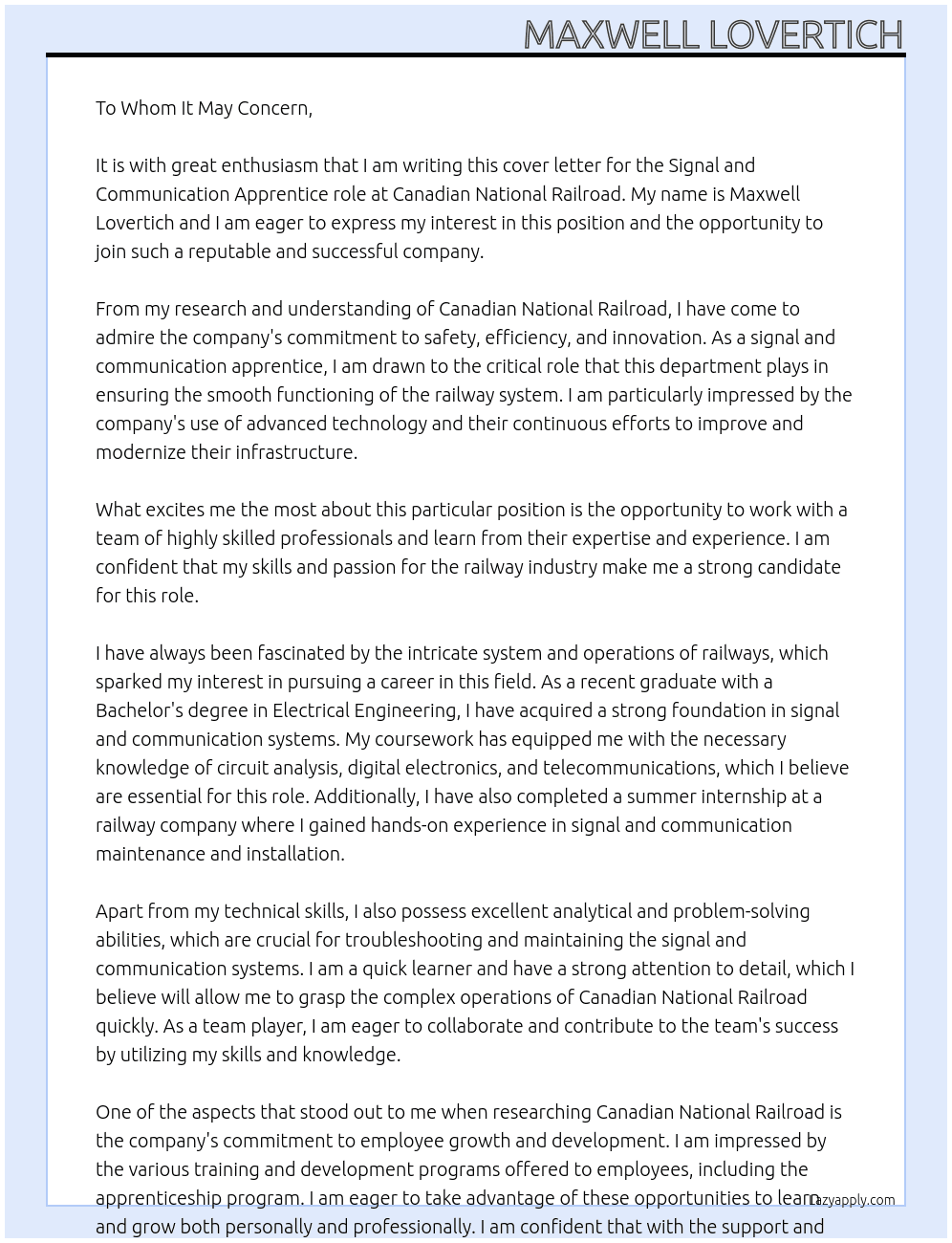 signal and communication apprentice At Canadian National Railroad Cover Letter