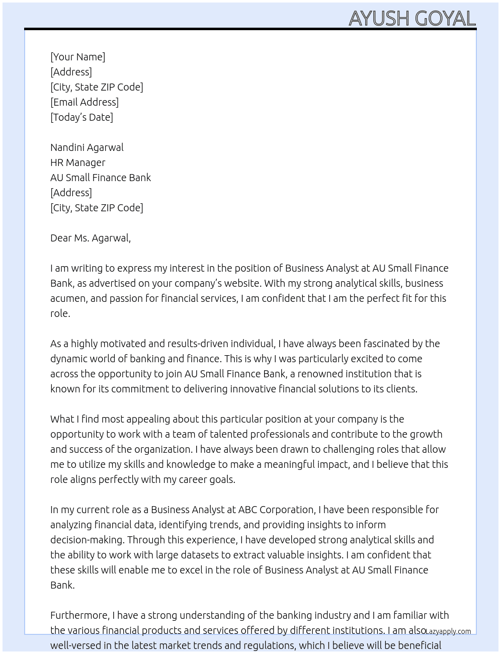 Business Analyst At AU Small Finance Bank Cover Letter