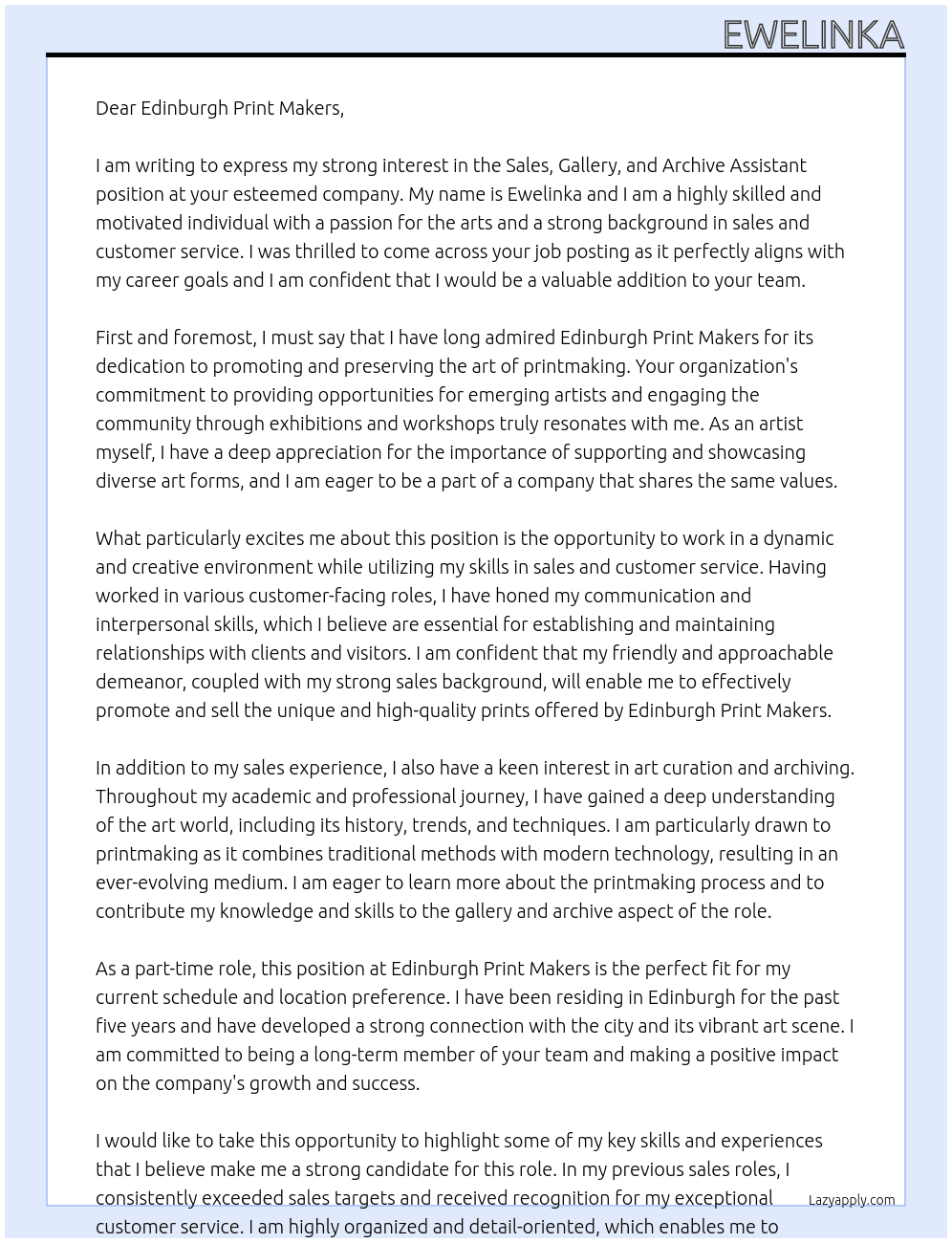 Sales, Gallery and Archive Assistant At Edinburgh print makers  Cover Letter