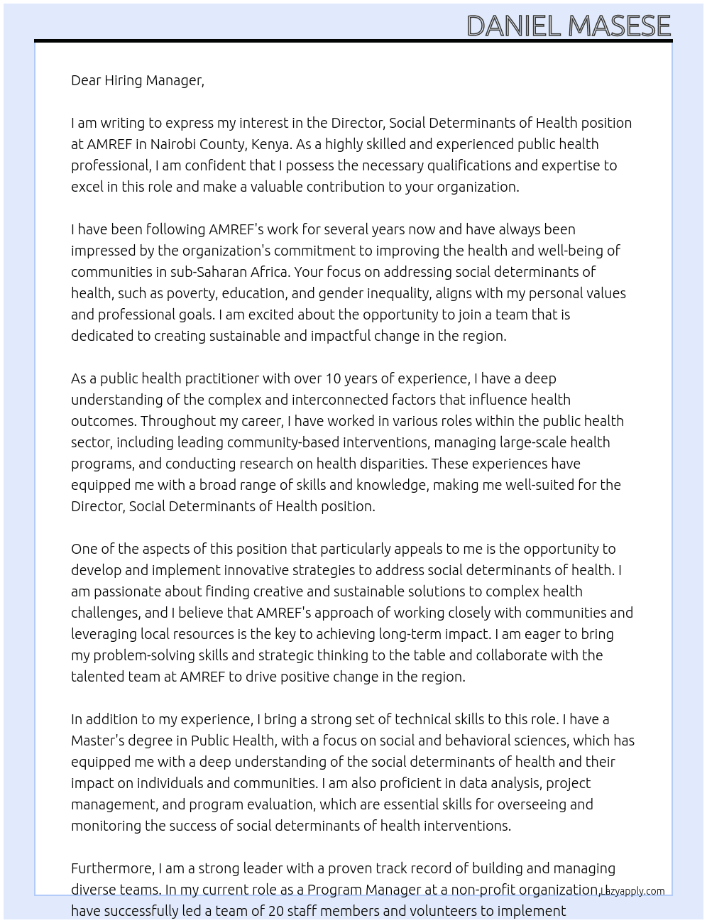 Director, Social Determinants of Health At AMREF · Nairobi County, Kenya Cover Letter