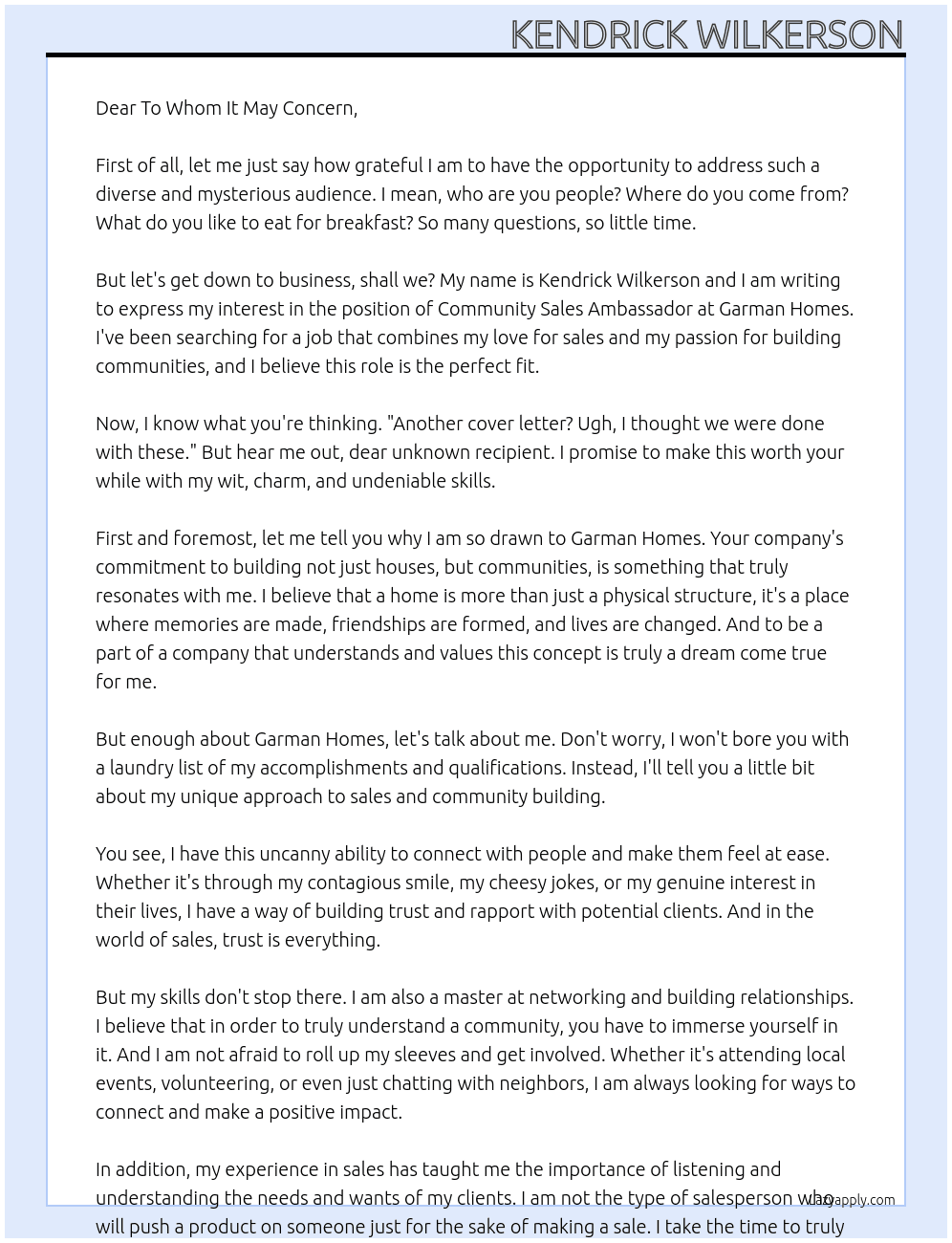 Community Sales Ambassador At Garman Homes Cover Letter