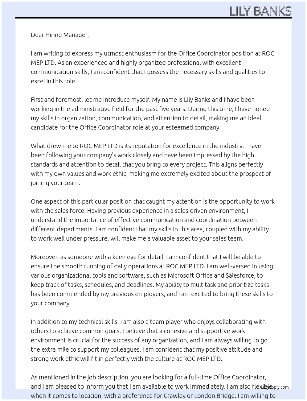 Office coordinator  At ROC MEP LTD  Cover Letter