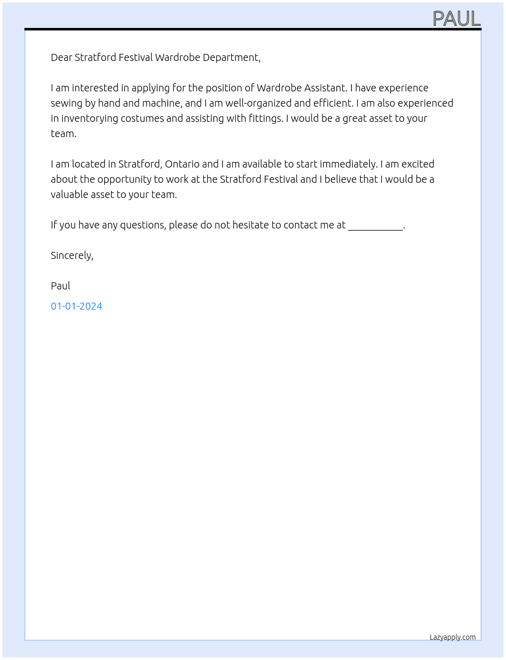 Wardrobe Assistant At Stratford Festival Wardrobe Department Cover Letter