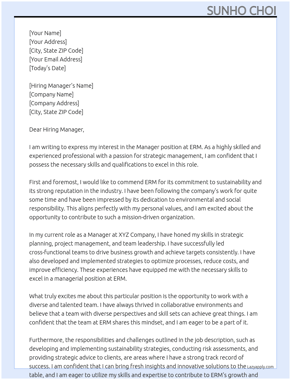 Manager At ERM Cover Letter