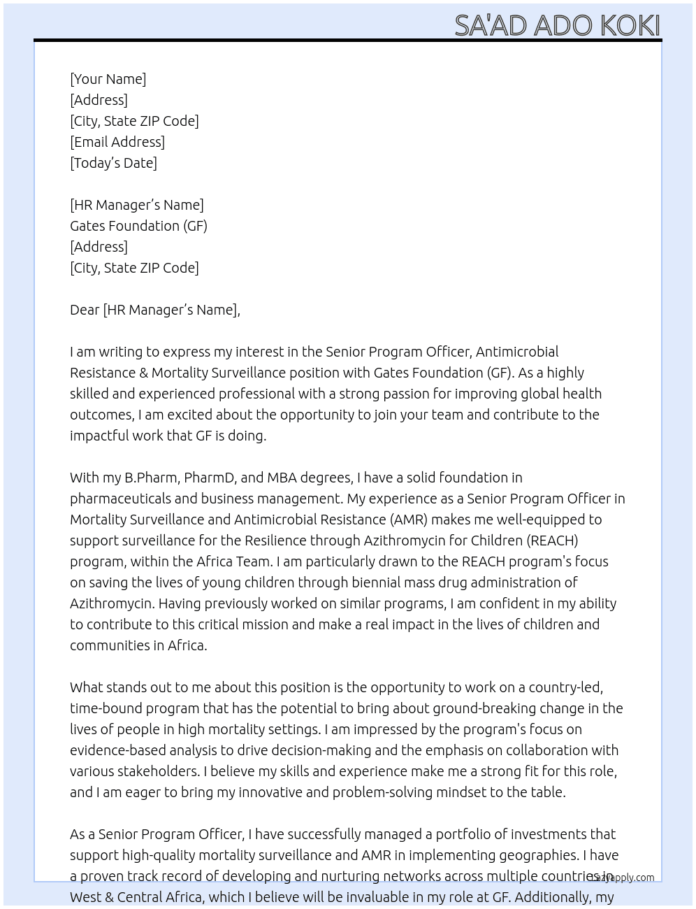 Cover letter for senior program officer, antimicrobial resistance & mortality surveillance - LazyApply