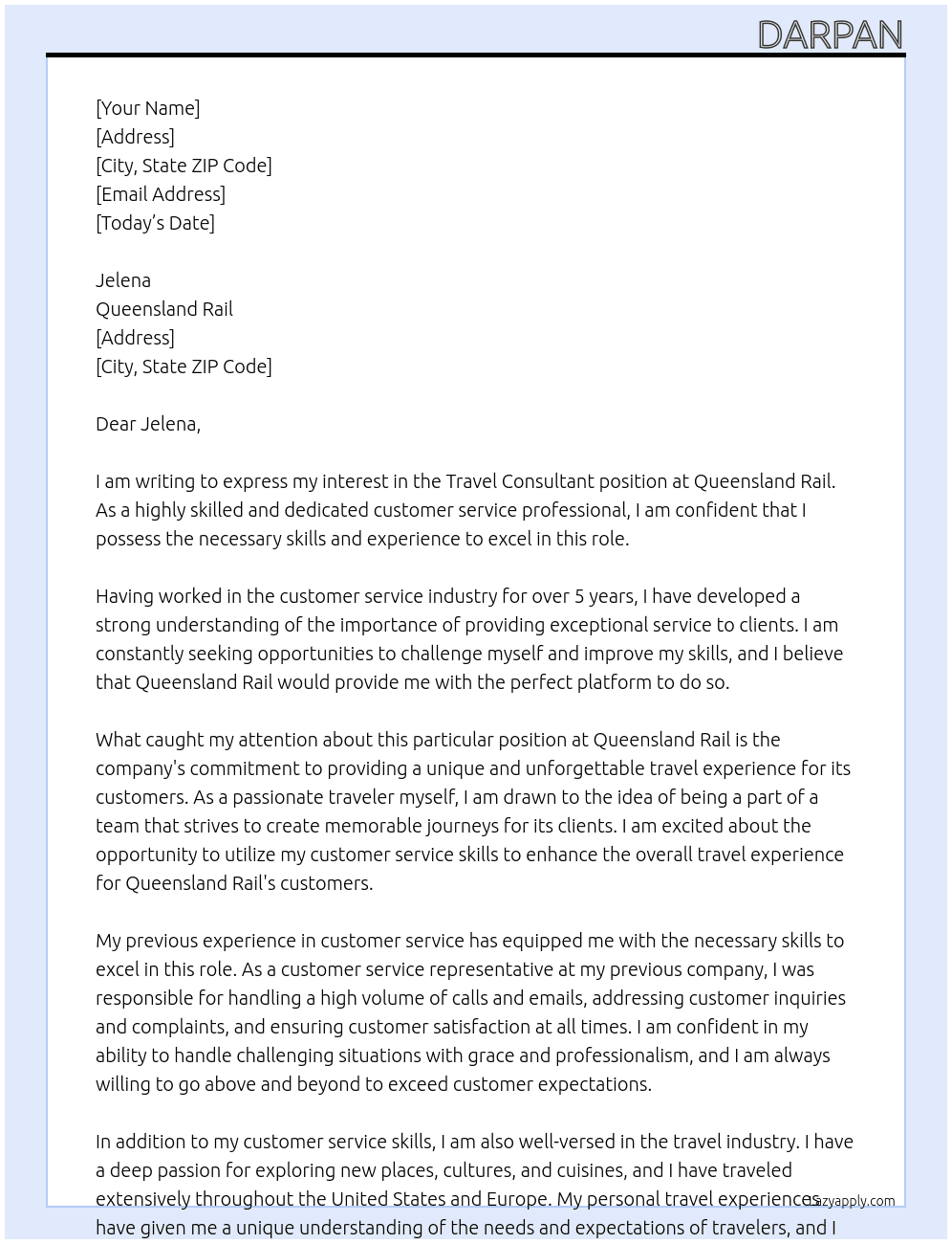 Travel Consultant At queensland rail Cover Letter