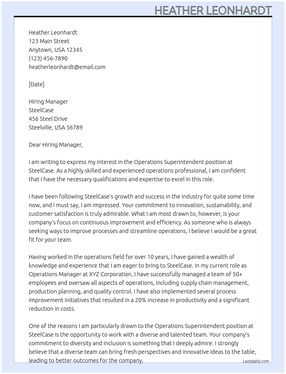 Operations Superintendent At SteelCase Cover Letter