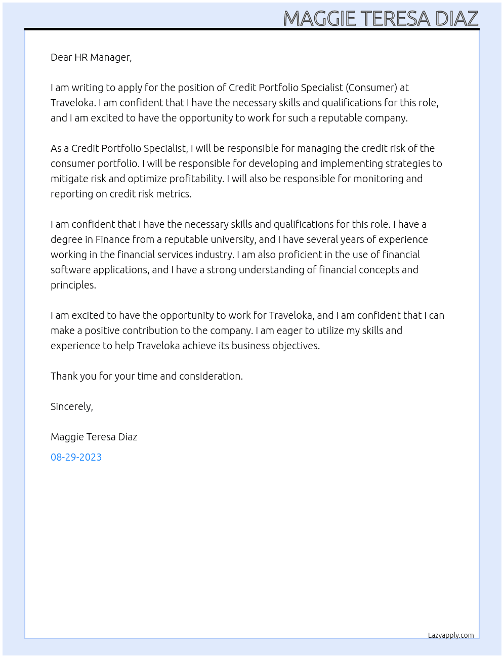 Credit Portfolio Specialist (Consumer) At Traveloka Cover Letter