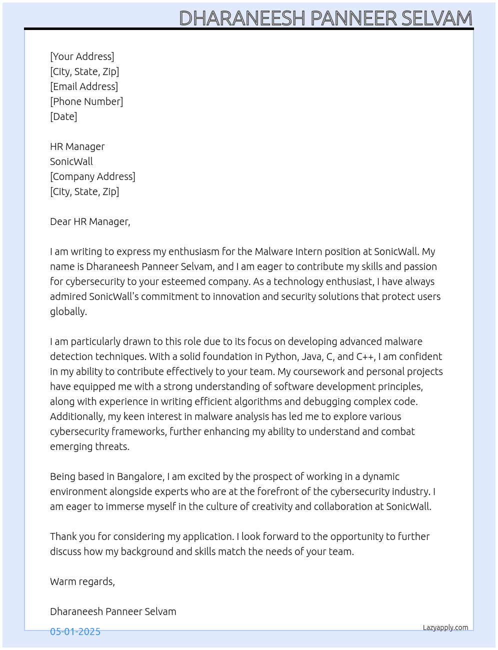 Malware Intern At SonicWall Cover Letter