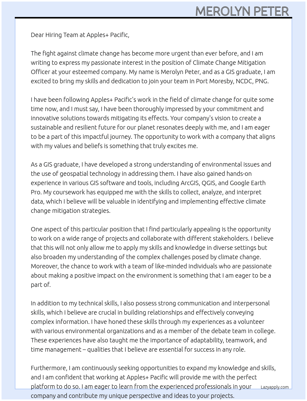 Climate change mitigation officer At Apples+ Pacific- Port Moresby, NCDC, PNG. AS GIS GRADUATE  Cover Letter