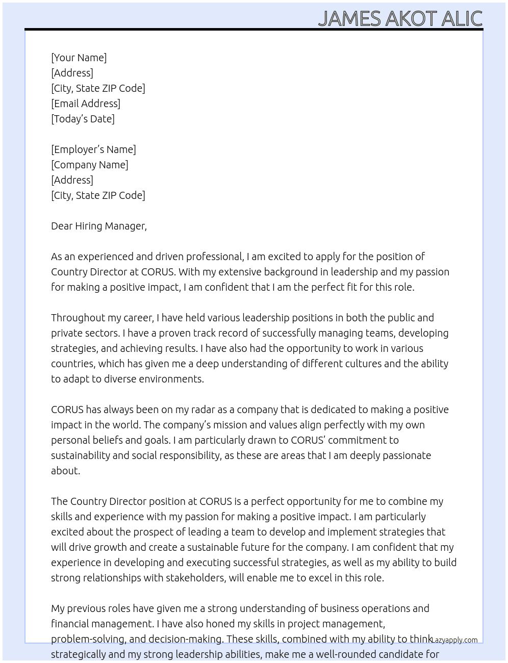 Country Director At CORUS Cover Letter