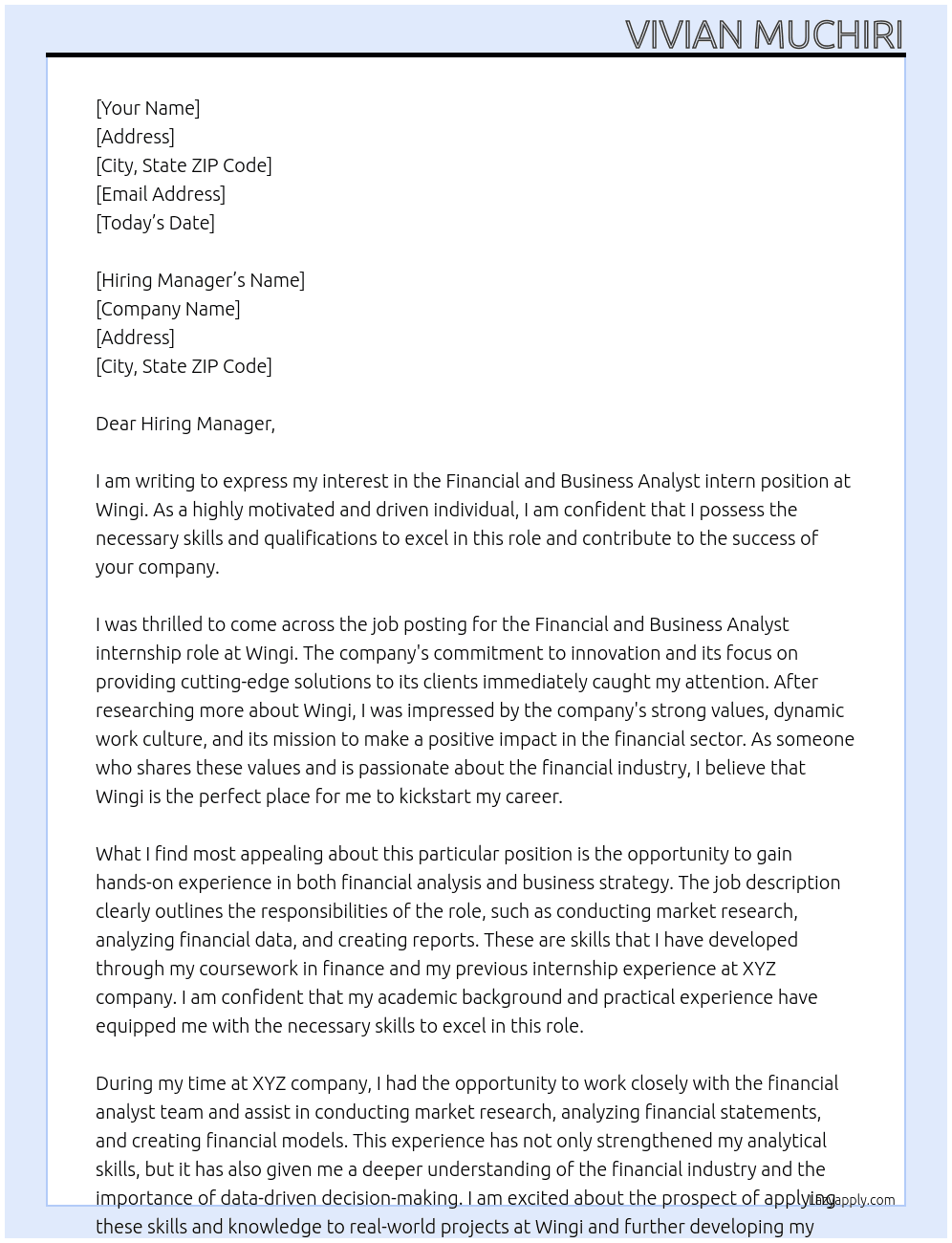 Financial and Business Analyst intern At Wingi Cover Letter