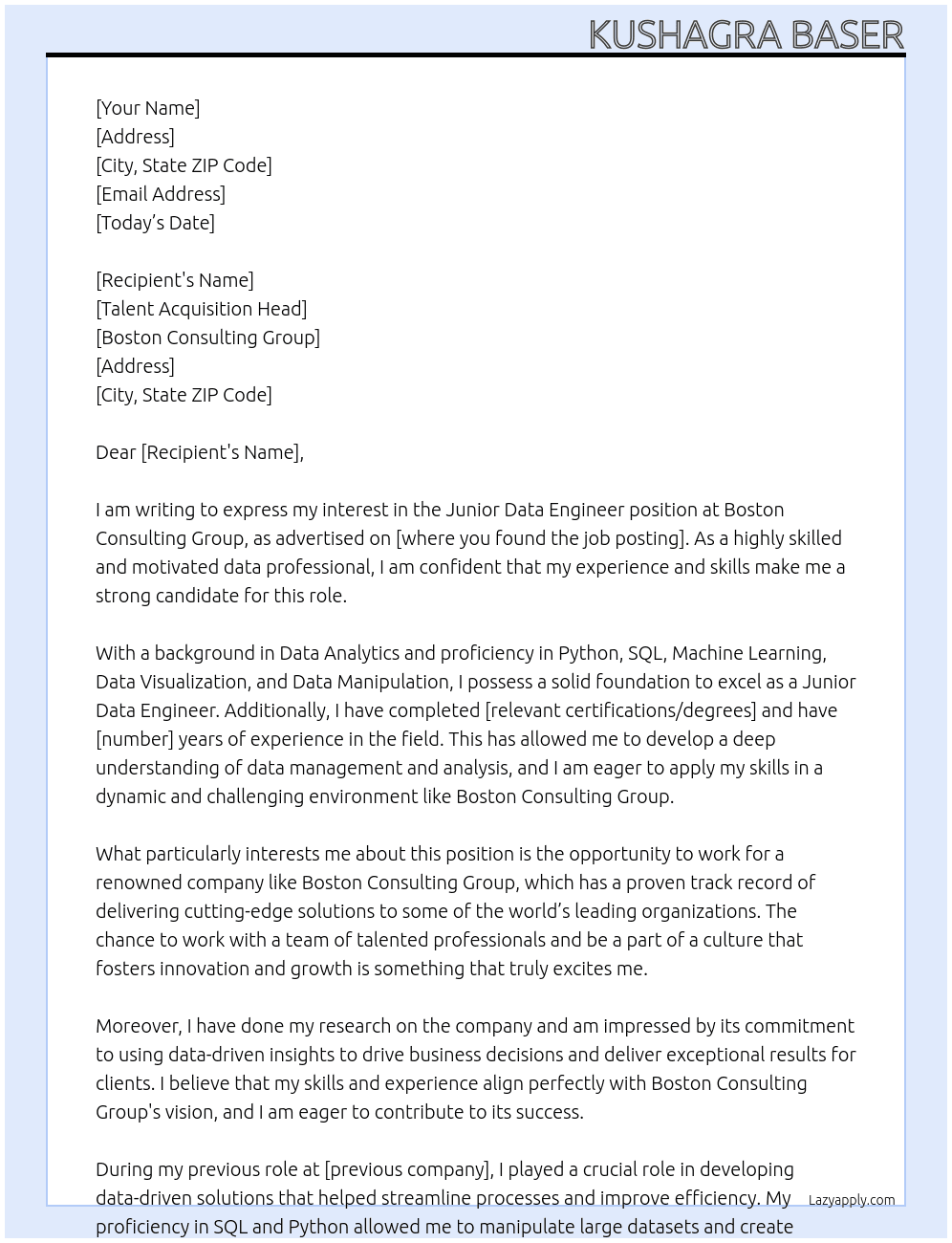 Junior Data Engineer At Boston Consulting Group Cover Letter
