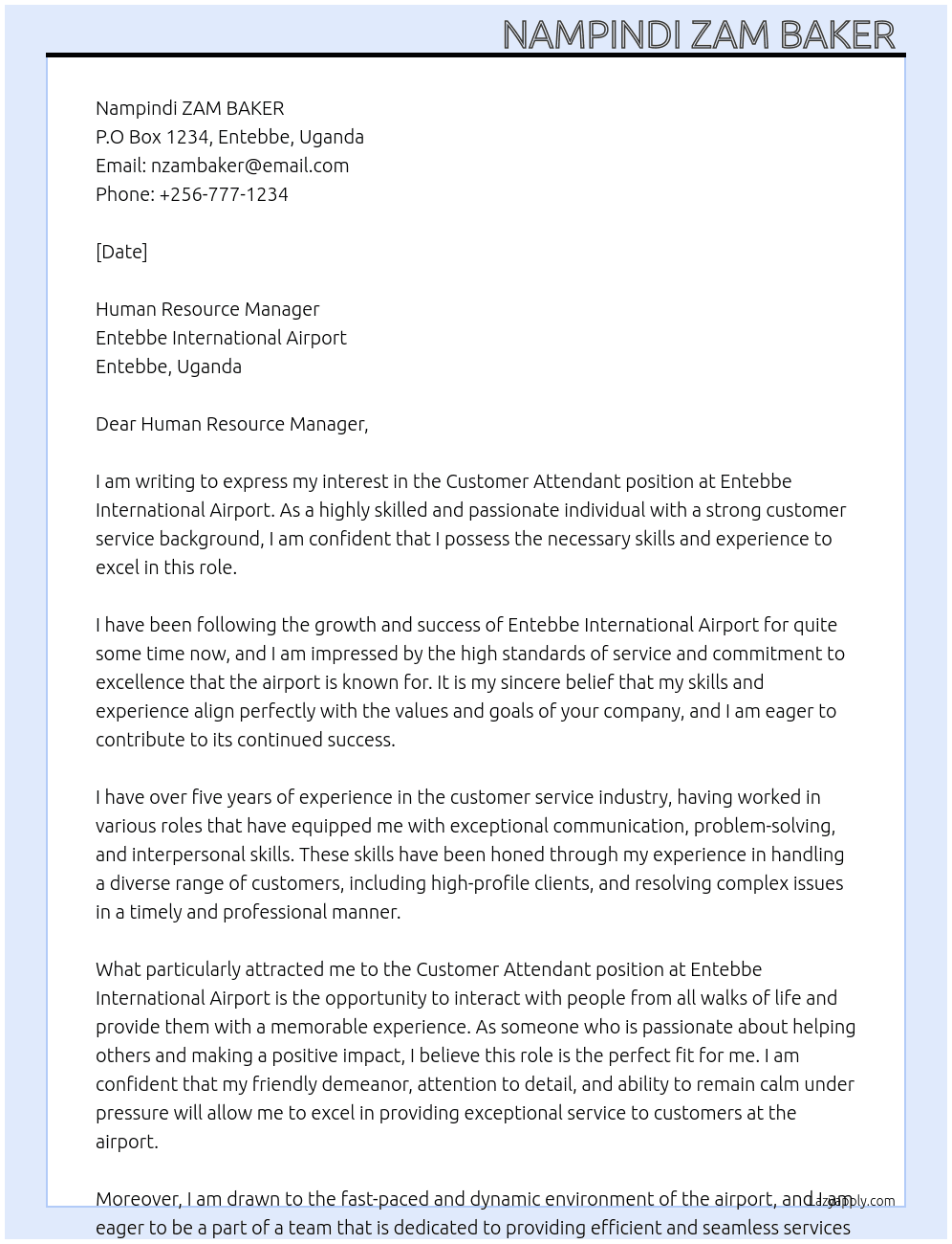 Customer attendant  At Entebbe international airport  Cover Letter