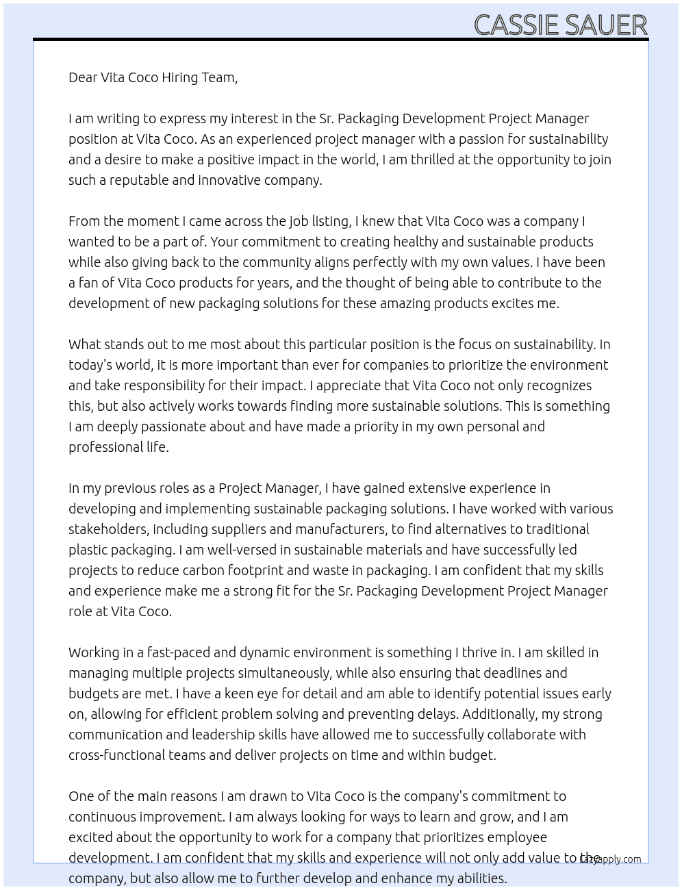 Cover letter for sr. packaging development project manager - LazyApply