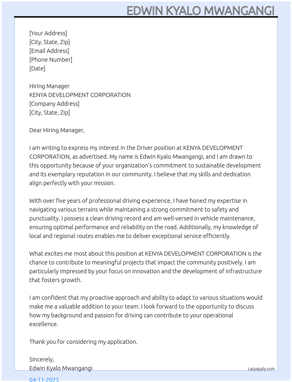 Driver  At KENYA DEVELOPMENT CORPORATION  Cover Letter
