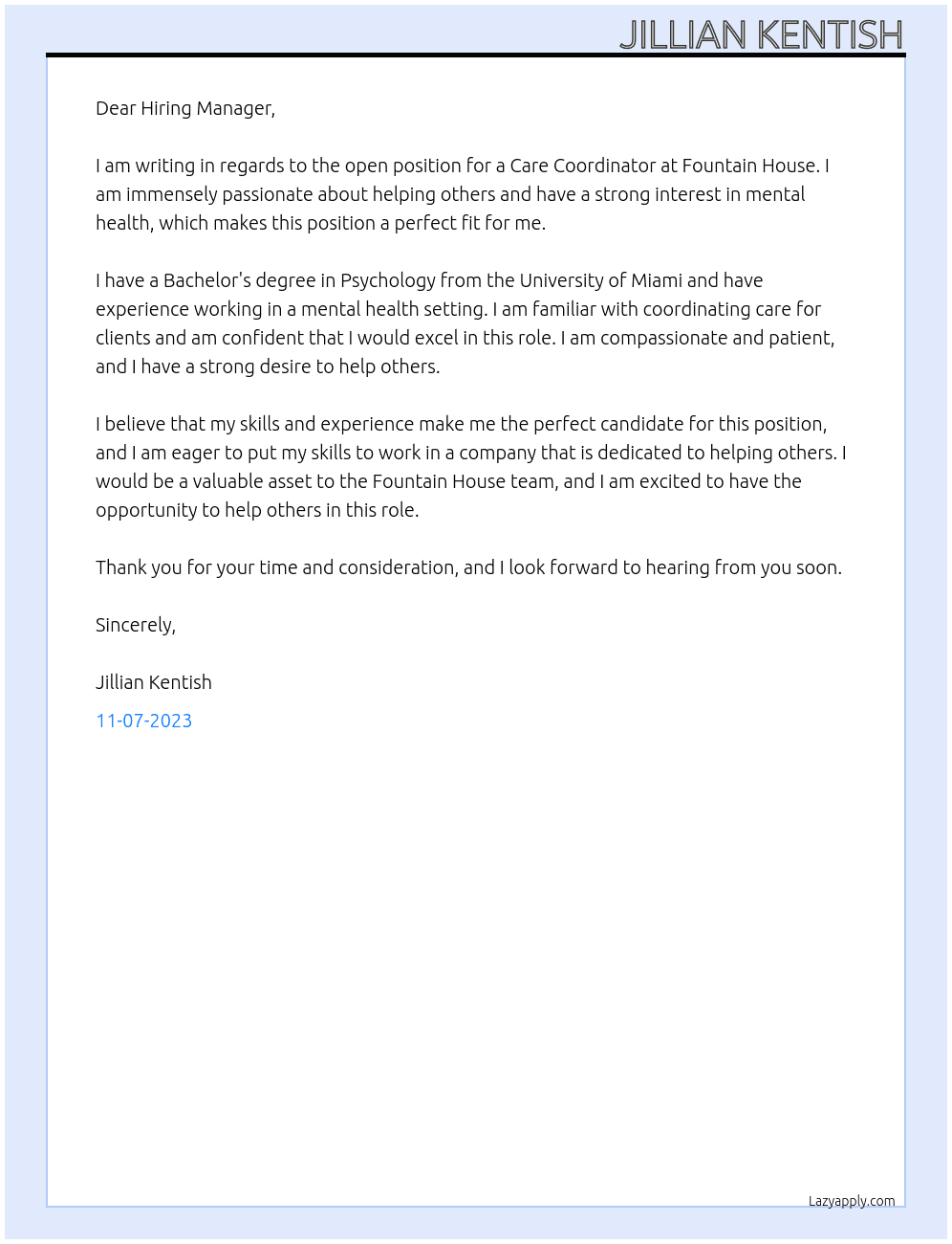 Care Coordinator At Fountain House Cover Letter
