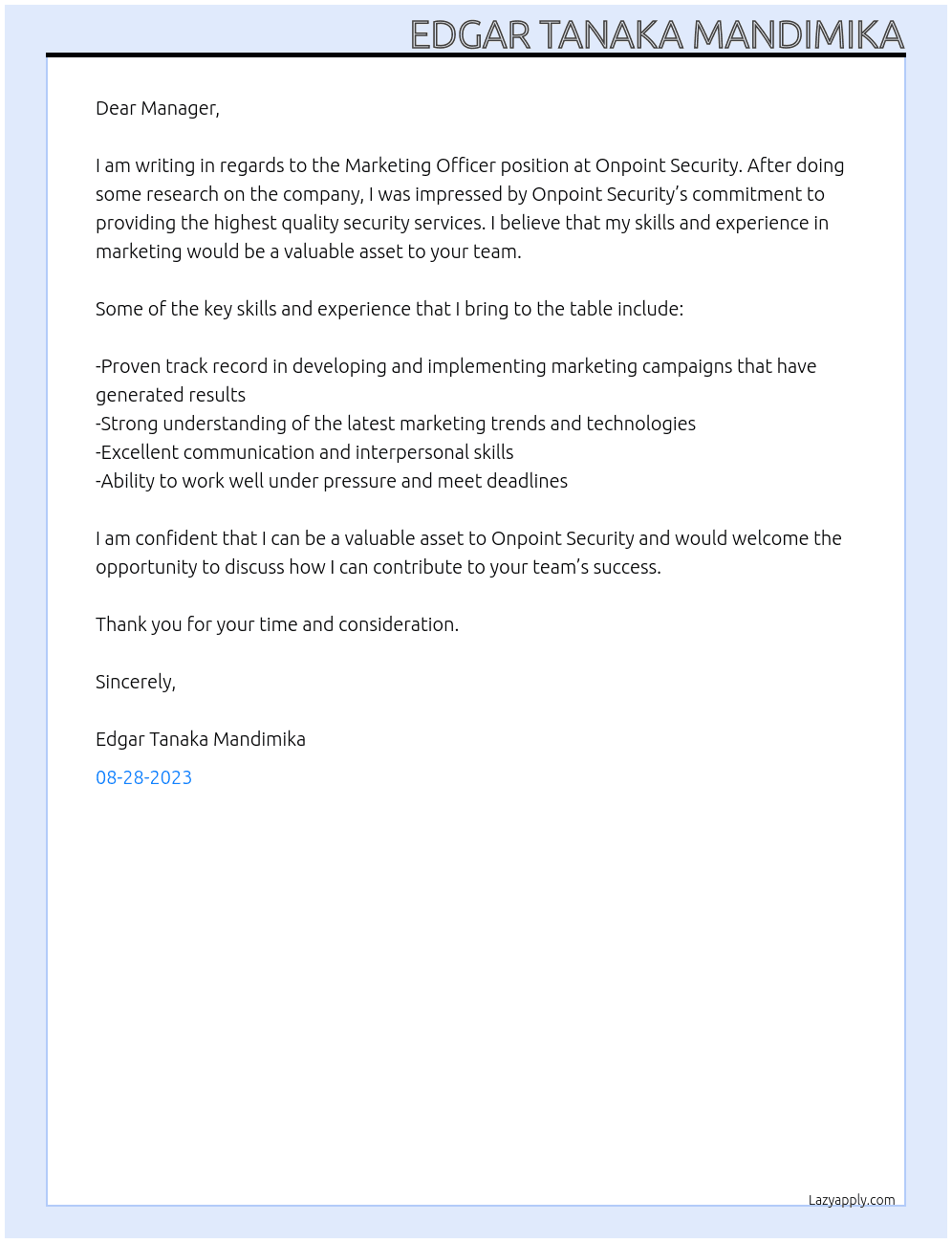 Marketing Officer At Onpoint Security Cover Letter