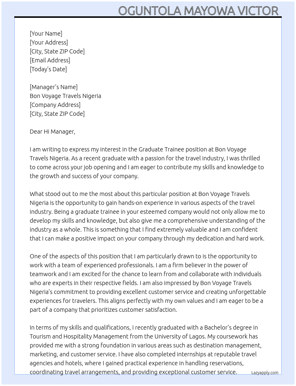 Graduate trainee  At Bon voyage travels Nigeria  Cover Letter