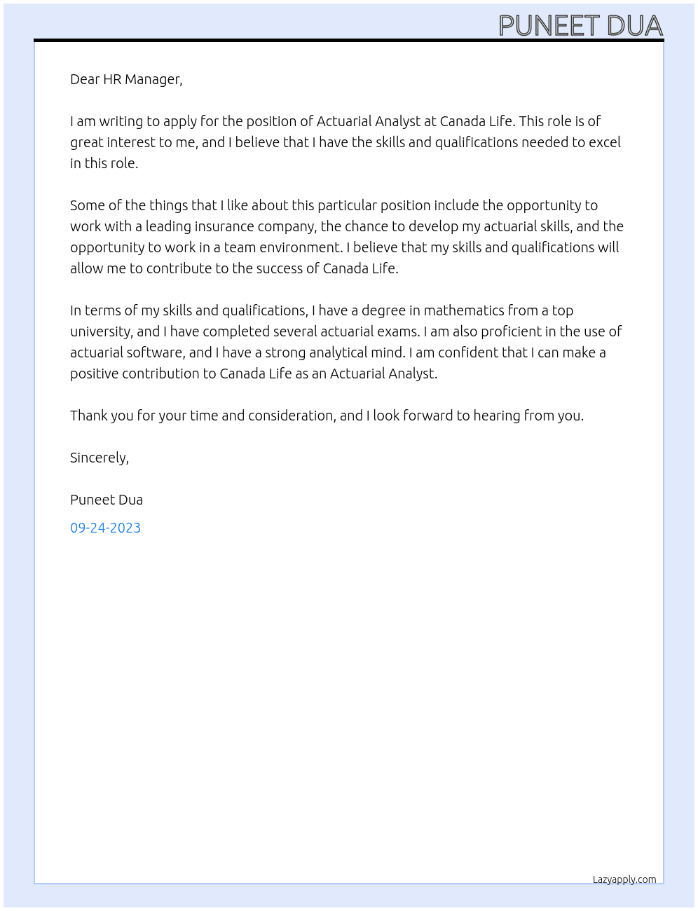 Actuarial Analyst At Canada Life Cover Letter