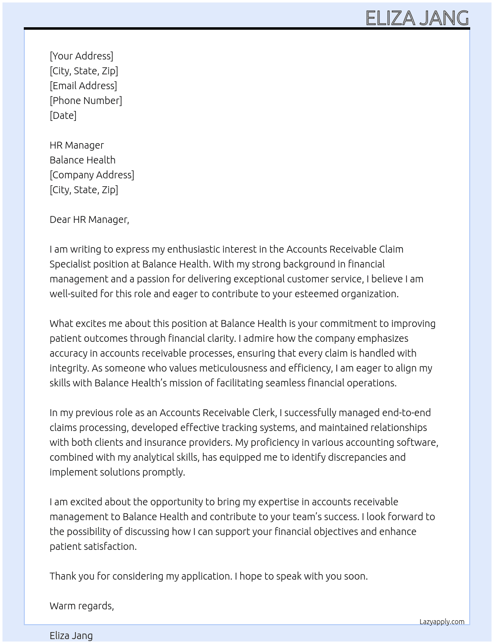 Accounts Receivable Claim Specialist At Balance Health Cover Letter