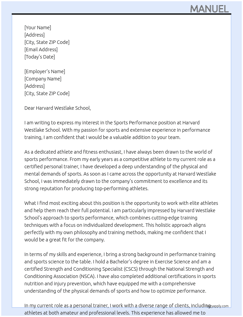 Sports performance  At Harvard Westlake school  Cover Letter