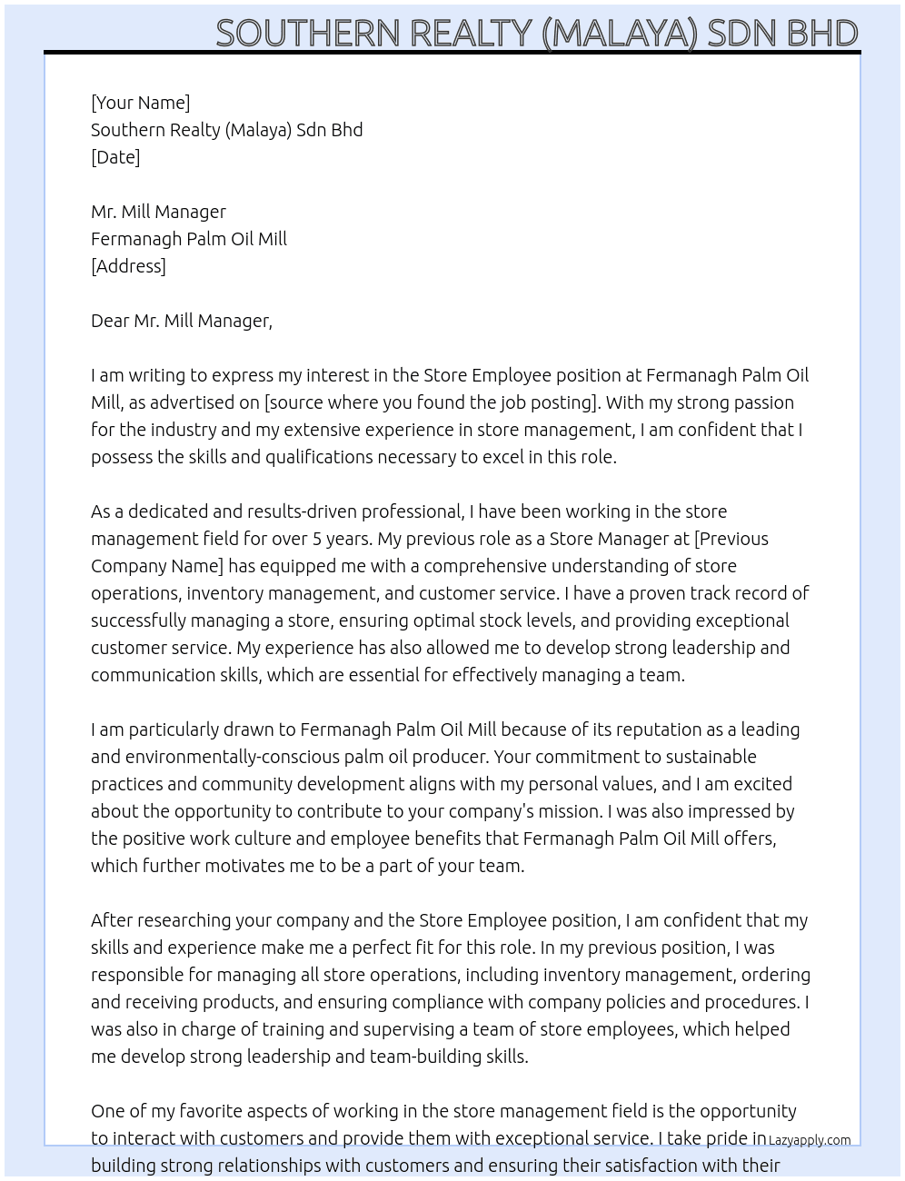 STORE EMPLOYEE At FERMANAGH PALM OIL MILL Cover Letter
