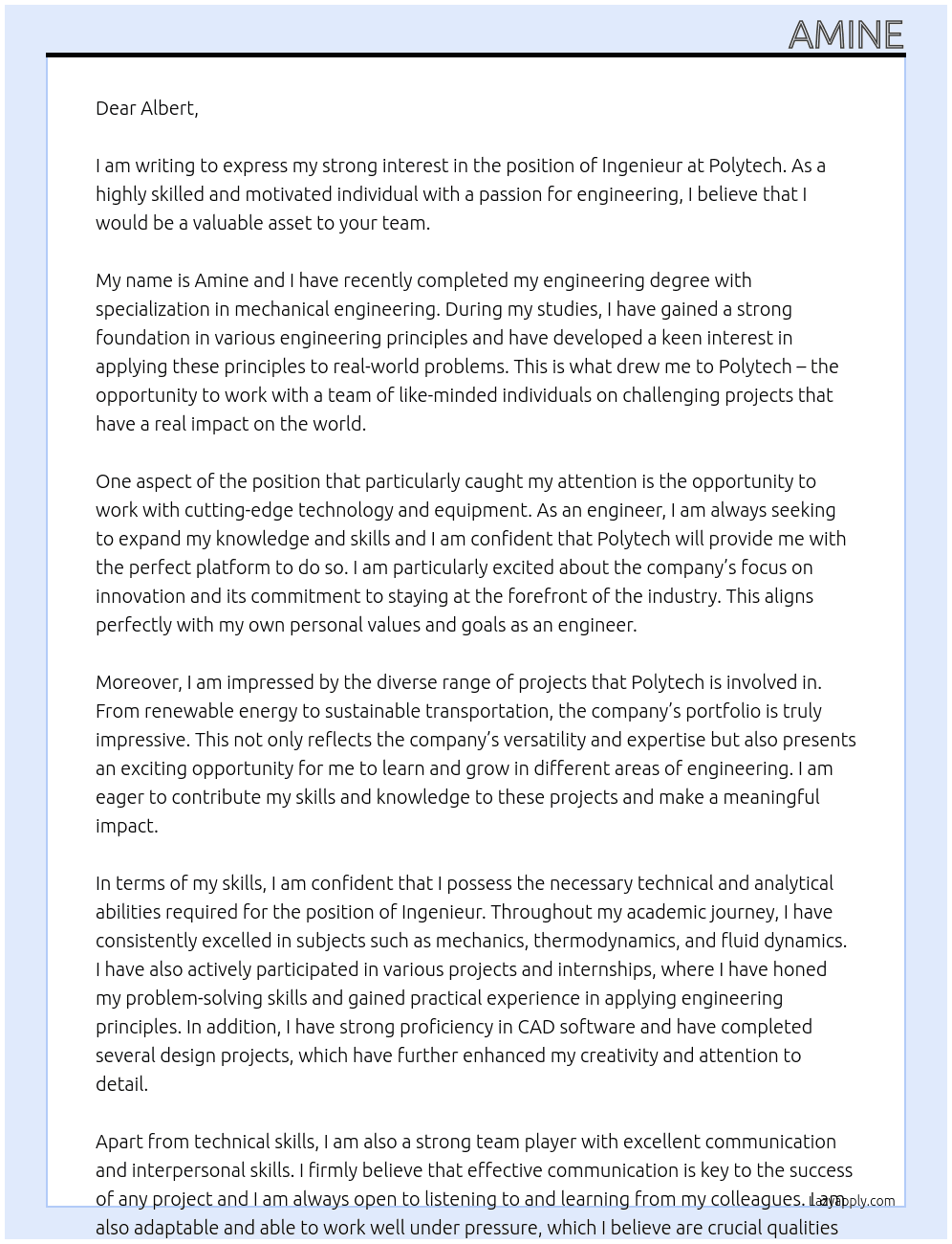 INGENIEUR  At polytech Cover Letter