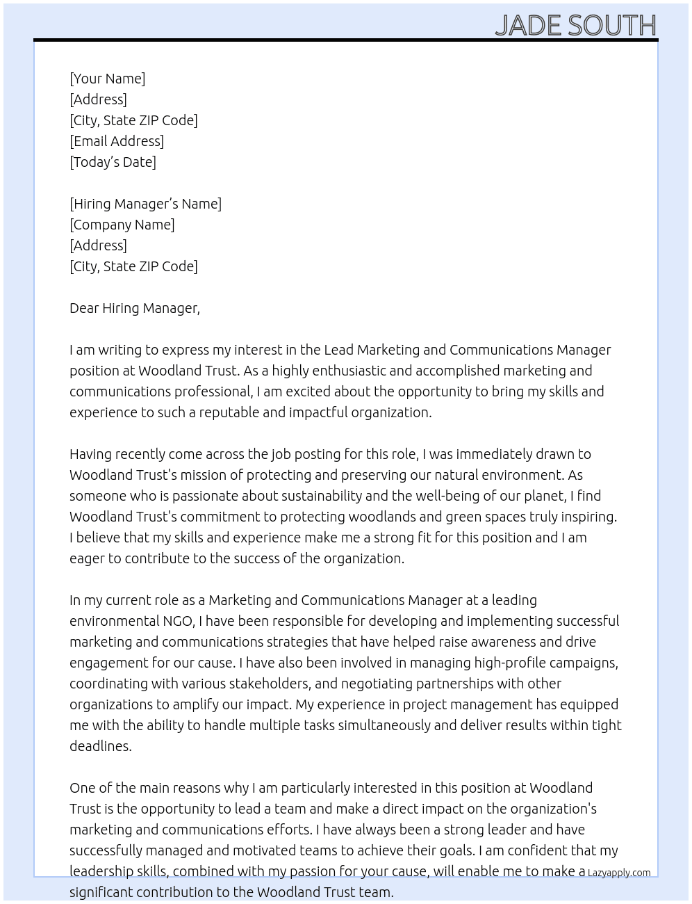 Lead Marketing and Communications Manager At Woodland Trust Cover Letter