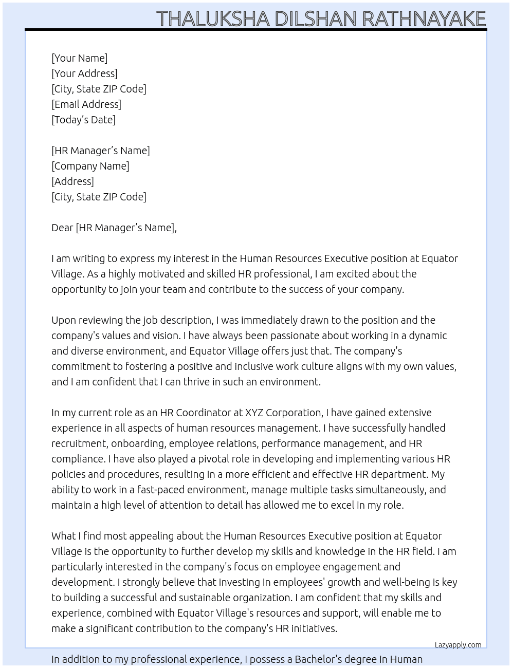 Human Resources Executive At Equator Village  Cover Letter