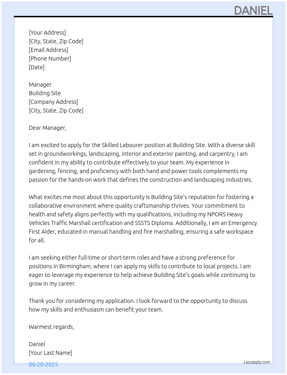 Cover letter for skilled labourer - LazyApply
