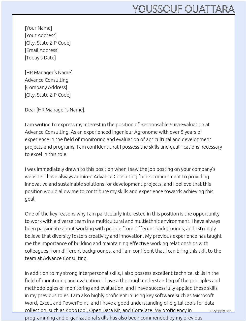 RESPONSABLE SUIVI-EVALUATION At Advance Consulting Cover Letter