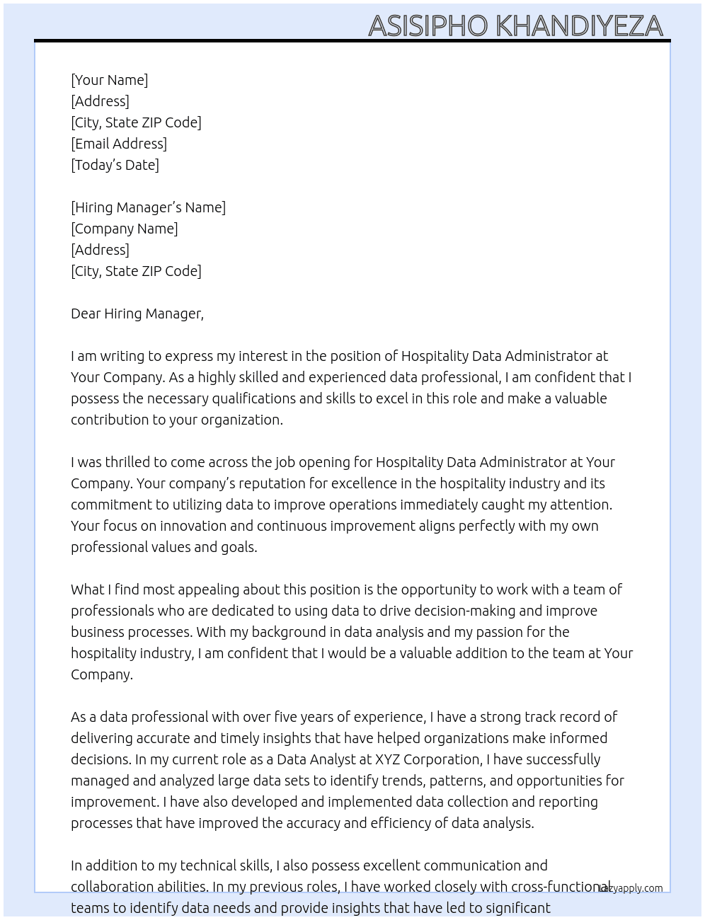 Cover letter for hospitality data administrator - LazyApply