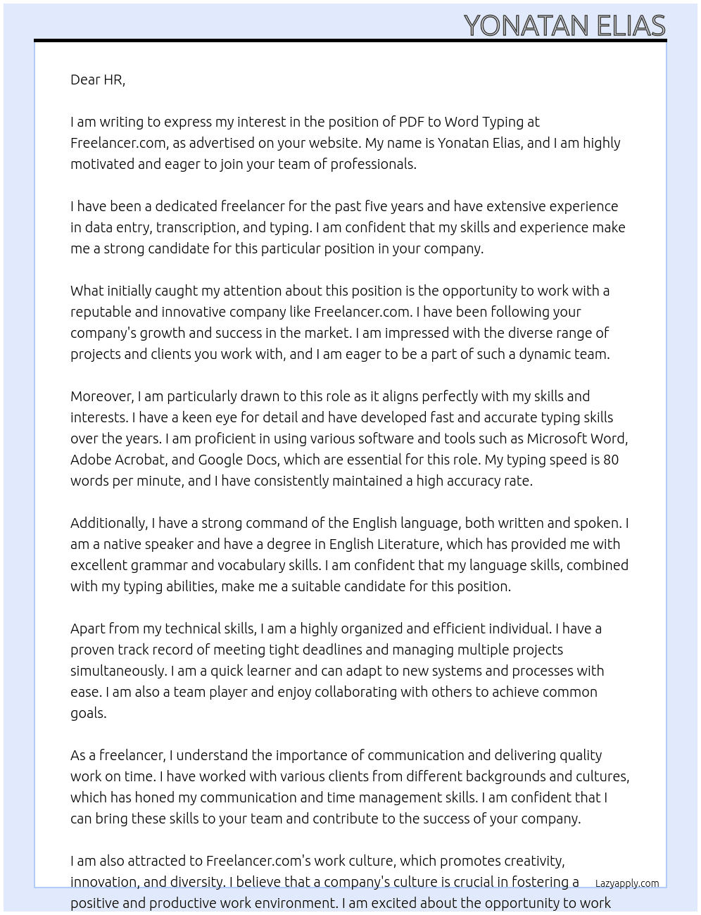 PDF to Word Typing At freelancer.com Cover Letter