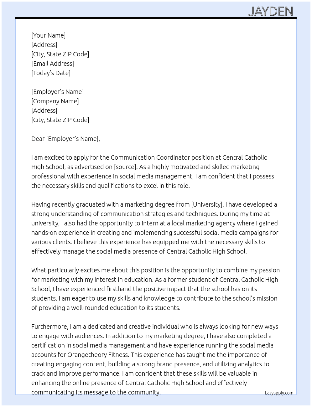 Communication Coordinator At Central catholic High school Cover Letter