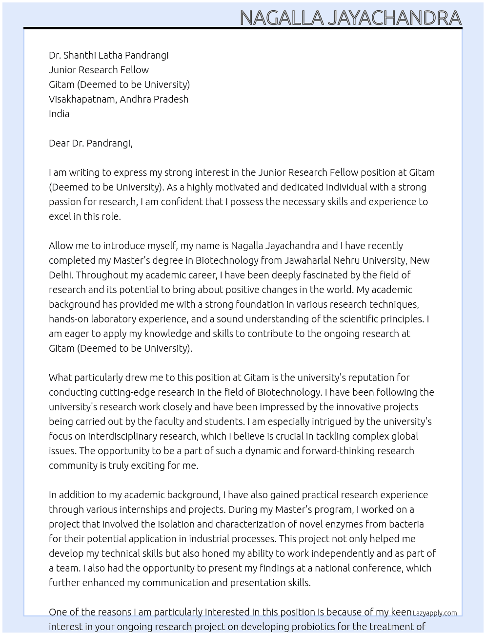 junior research fellow At Gitam[deemed to be univdersity] Cover Letter