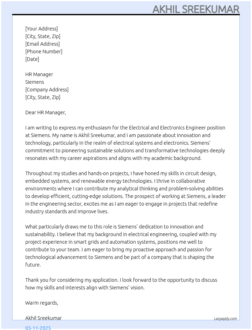 Electrical and electronics engineer  At Siemens  Cover Letter