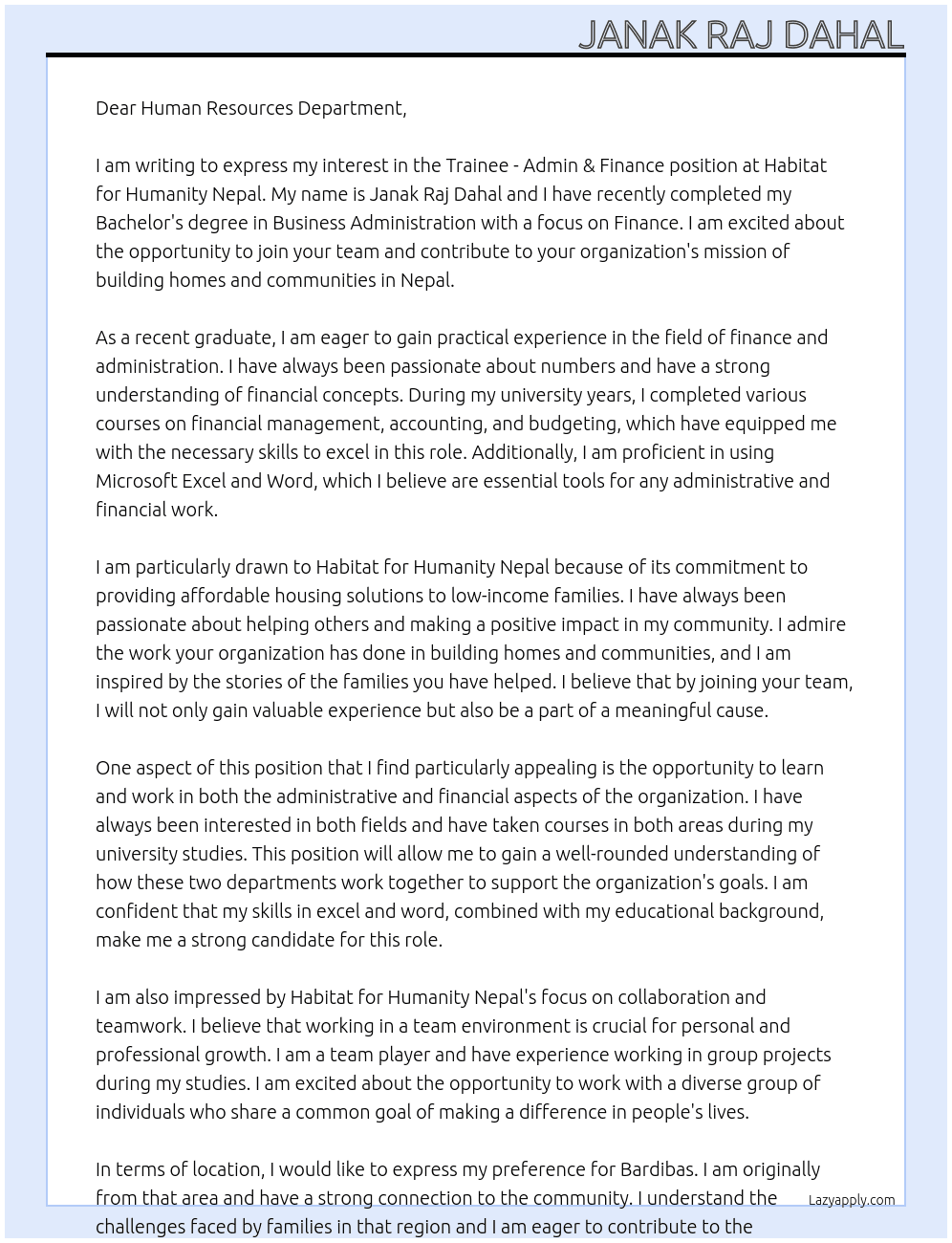 Trainee - Admin & Finance At Habitat for Humanity Nepal Cover Letter
