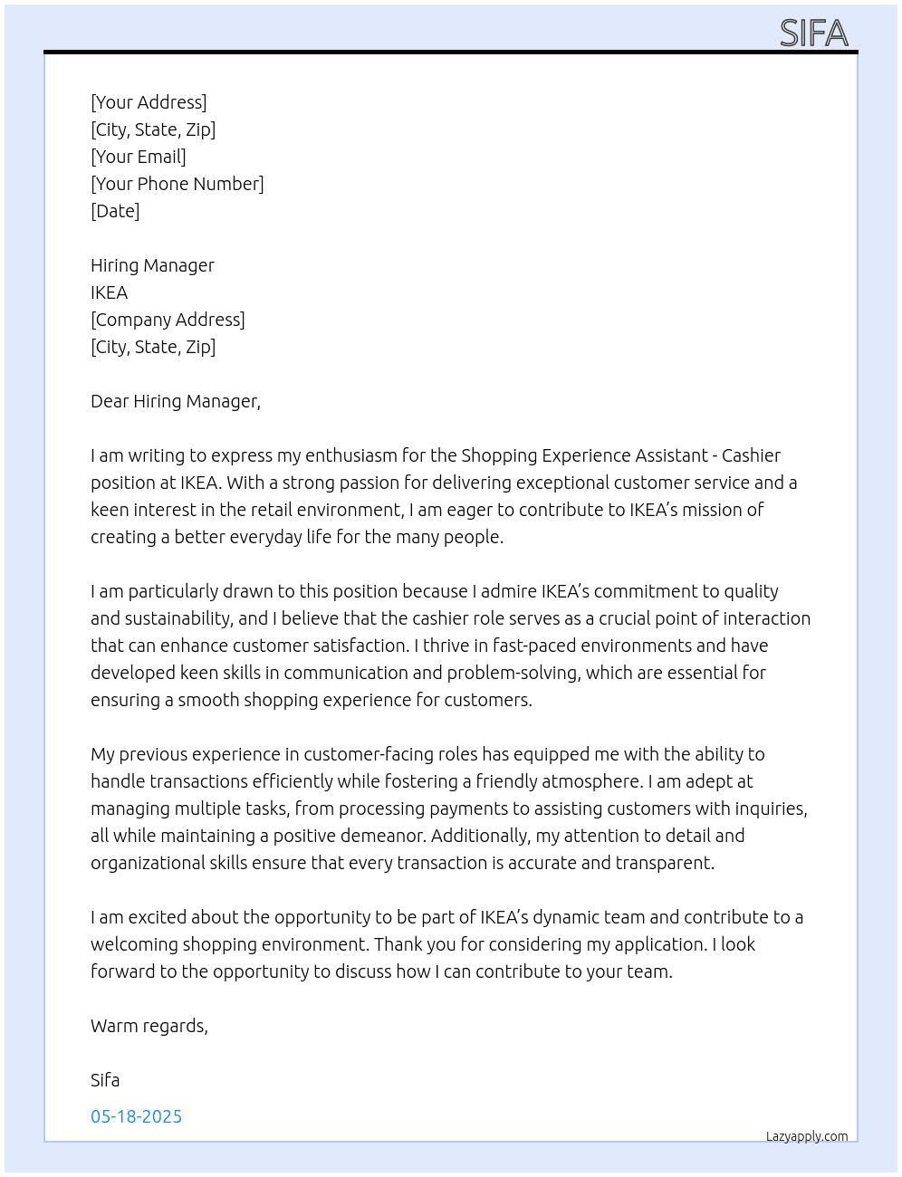 Shopping Experience Assistant - Cashier At IKEA Cover Letter