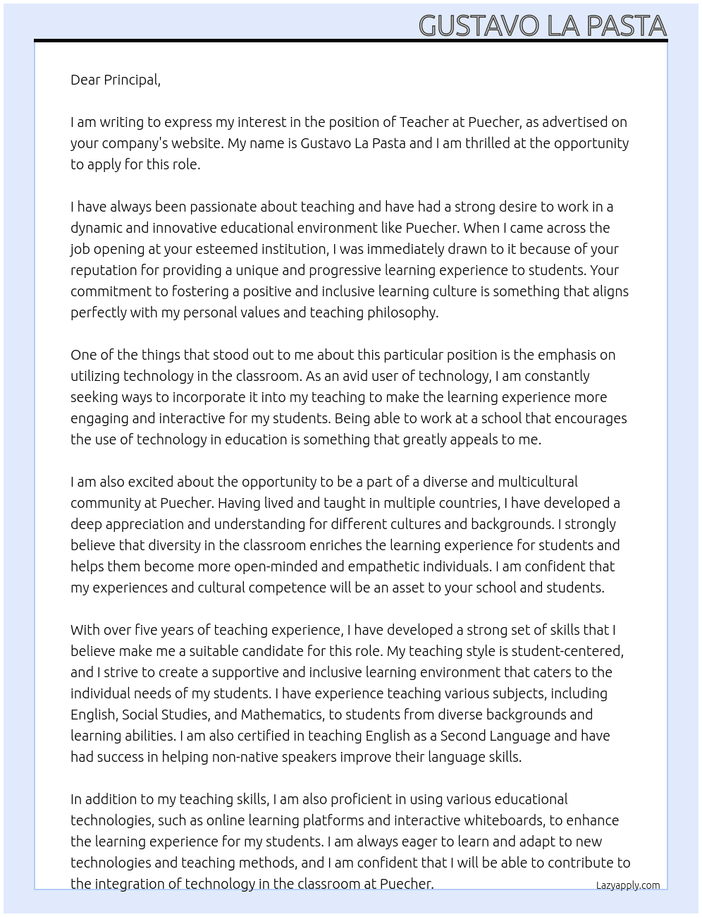 Teacher At Puecher Cover Letter